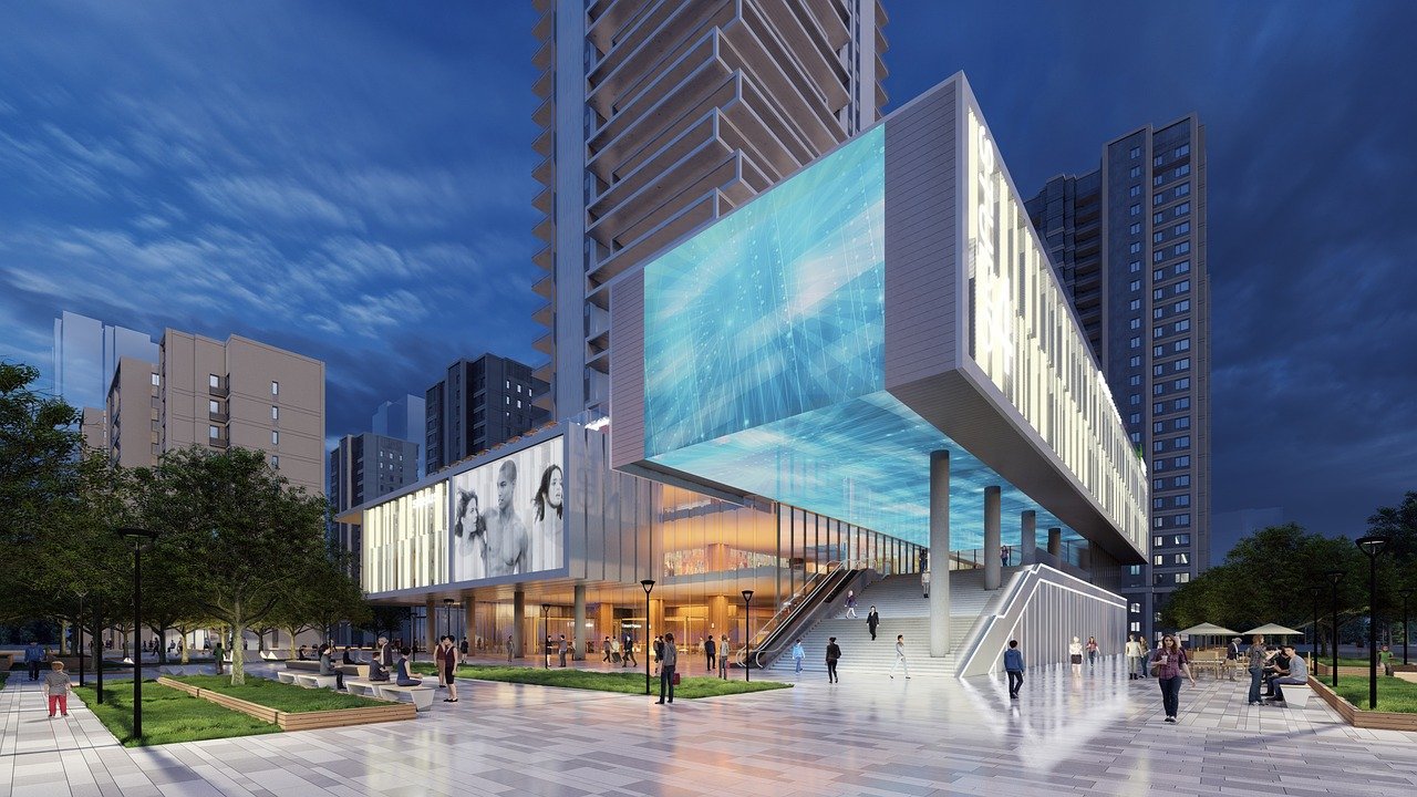 buildings, architecture, 3d rendering, modern buildings, exterior, modern, shopping center, shopping mall, skyscrapers, lights, night, evening, city, downtown, urban, shopping center, shopping center, shopping mall, shopping mall, shopping mall, shopping mall, shopping mall