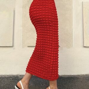 Red Bubble-Textured Midi Skirt - High-Waisted, Perfect for Spring/Summer/Fall, Versatile Fashion