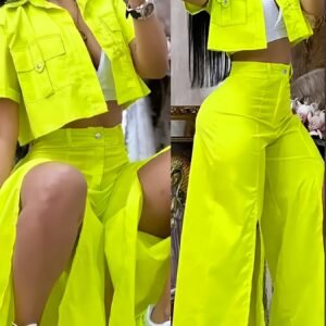 Women's Yellow Casual Two-piece Suit: Short-sleeved Button Shirt And High-waisted Wide-leg Pants with Thigh Slits